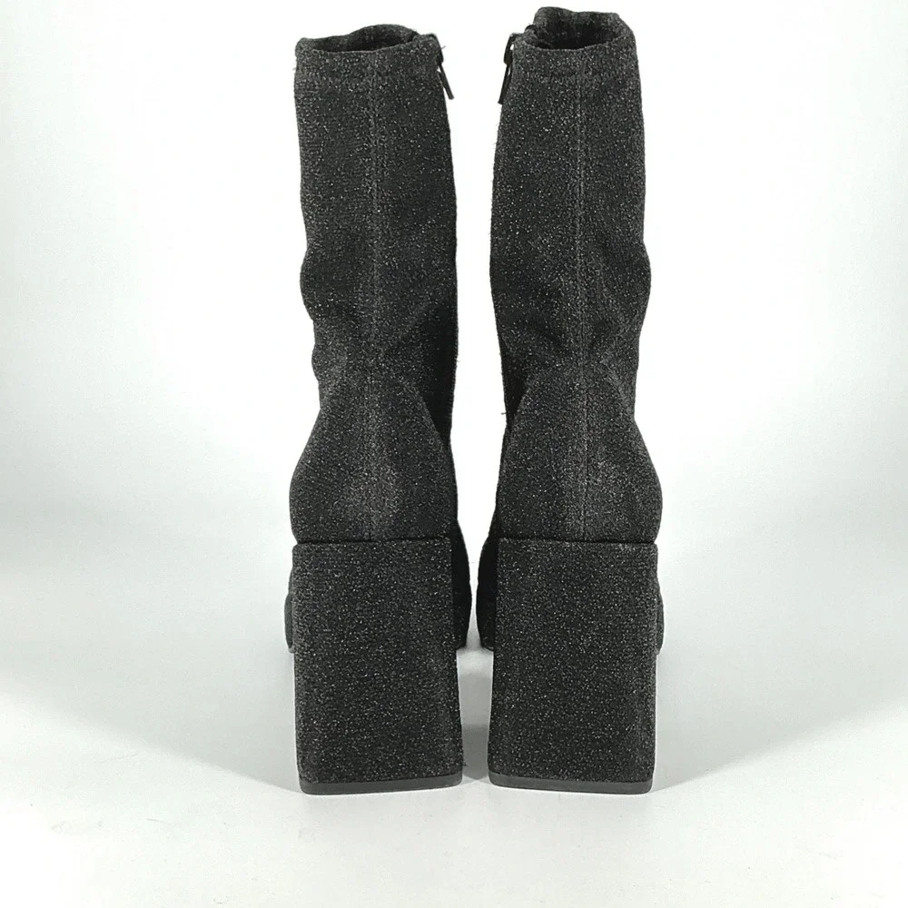 Abound Size 9 Black Glitter Platform Block Heel Sock Boots Square Toe